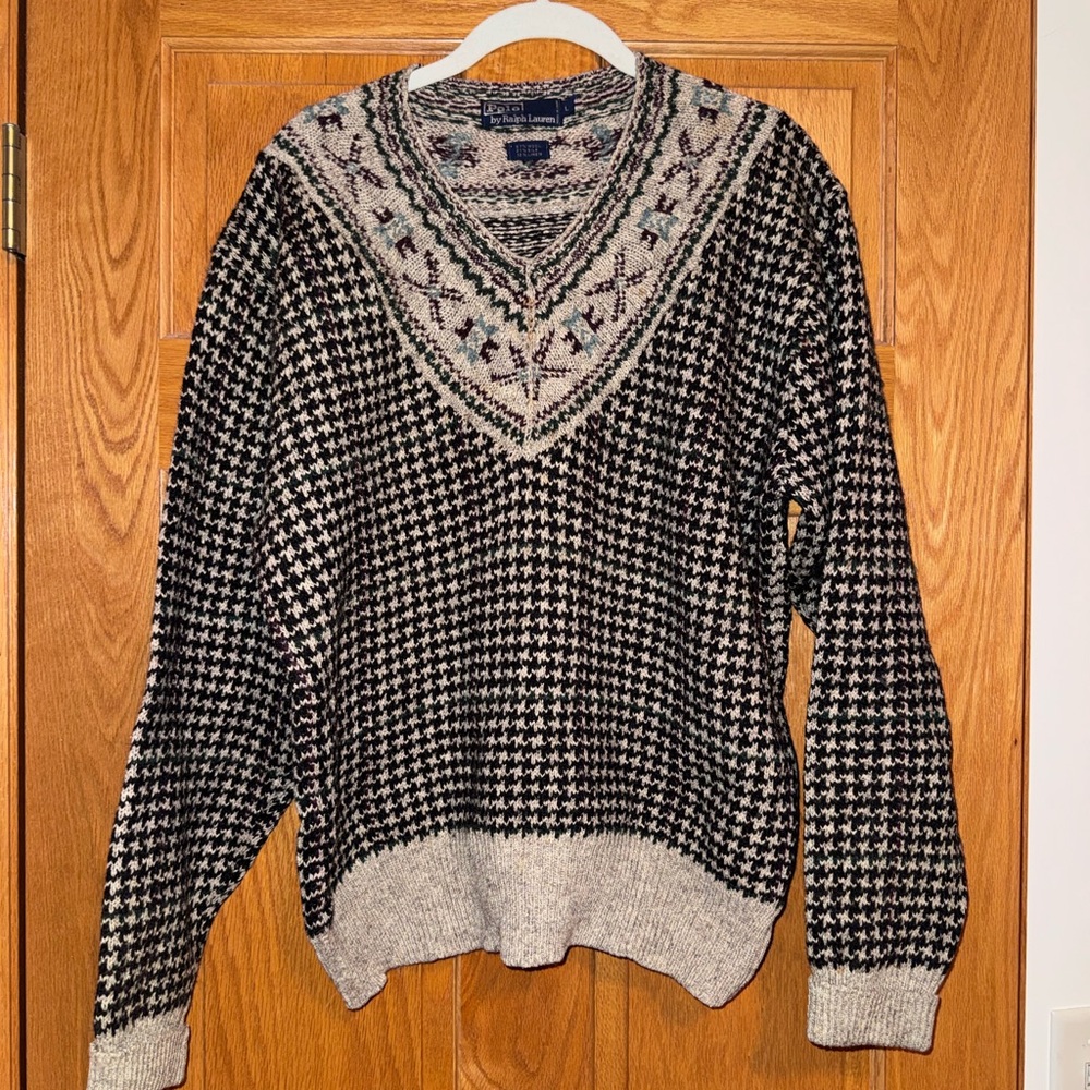 Vintage Polo Black & Cream Houndstooth V-Neck Sweater